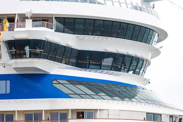 Gothenburg, Sweden - October 29 2022: Bridge and top observation deck of an AIDA cruise ship.