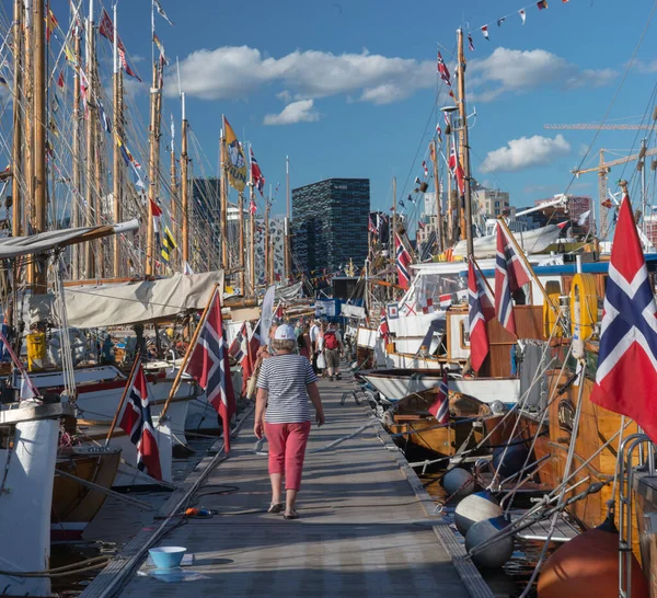 Oslo Norvégia Július 2014 Emberek Nézik Régi Fából Készült Hajók — Stock Fotó