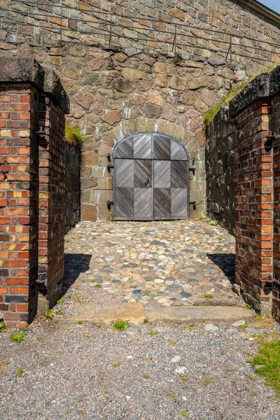 Varberg Suécia Julho 2022 Portão Madeira Construído Intricamente Fortaleza Varberg — Fotografia de Stock