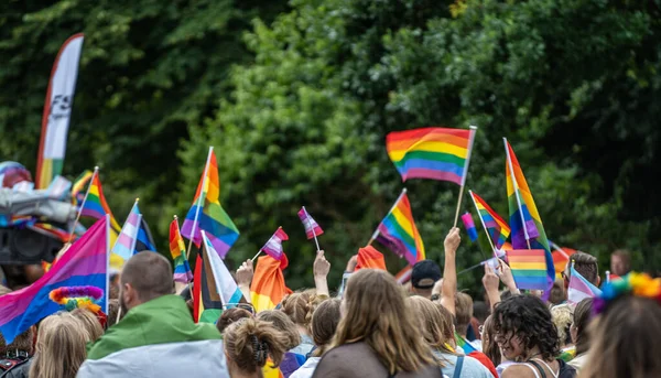 Malmö Svédország Július 2022 Malmo Pride Felvonulása Szivárványos Zászlókkal — Stock Fotó
