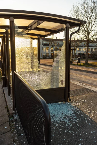 Molndal Sweden March 2022 Broken Glass Wall Bus Stop Stock Image