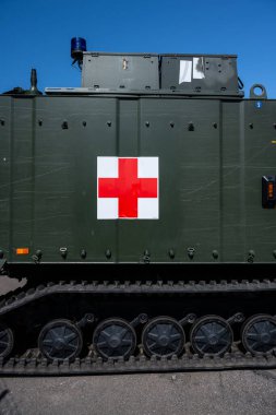 Göteborg, İsveç - Haziran 03: 2023: İsveç BAE Sistemleri Kara Sistemleri Hagglunds BvS10 MkIIB zırhlı aracı sergileniyor.