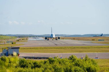 Landvetter, İsveç - 28 Mayıs 2023: Brüksel Havayolları Airbus A319-111 OO-SSW Landvetter Got 'dan kalkış vergisi.