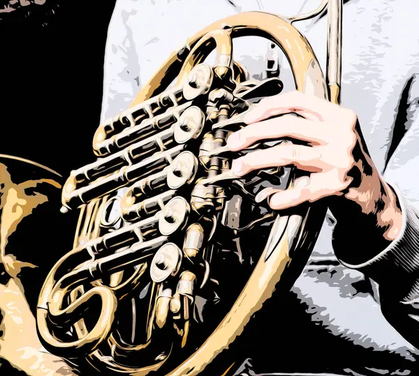 Detail of a hand on a french horn.