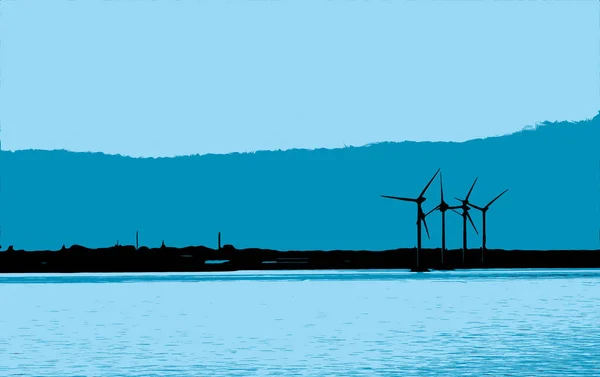 Four wind turbines off the coast of a town at sunset.