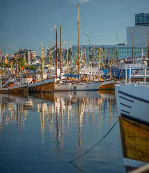 Oslo, Norveç - 20 Temmuz 2014: Oslo 'da eski ahşap teknelerin toplanması üzerine görüş.