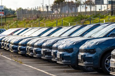 Uzun sıra siyah arabalar bir araba galerisinde teslimata hazır..