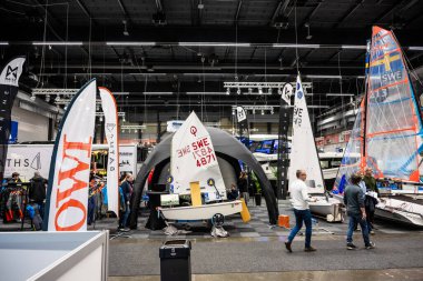 Göteborg, İsveç - 11 Şubat 2024: Tekneler Göteborg Boat Show 'da sergileniyor.