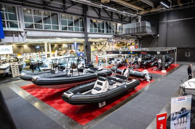 Göteborg, İsveç - 11 Şubat 2024: Tekneler Göteborg Boat Show 'da sergileniyor.