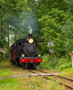 Alingsas, İsveç - Temmuz 06 2024: Vintage müze buhar treni yaklaşıyor.