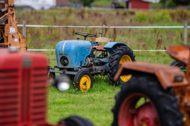 Lyngdal, Norveç - 12 Temmuz 2024: Bir tarlada mavi minyatür vintage traktör.