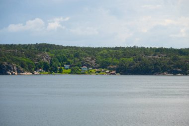 Ormanlık tepeler ve evler ile manzaralı göl manzarası.