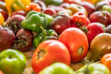 Masada renkli domates ve biber çeşitleri.