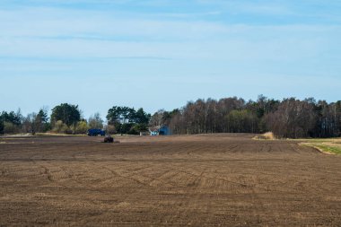 Uzak traktör ve orman geçmişi olan büyük bir tarım alanı.