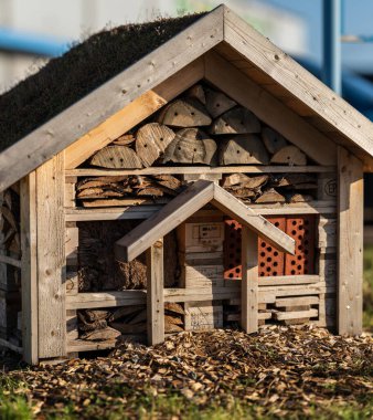 Biyolojik çeşitlilik desteği için tahta böcek oteli