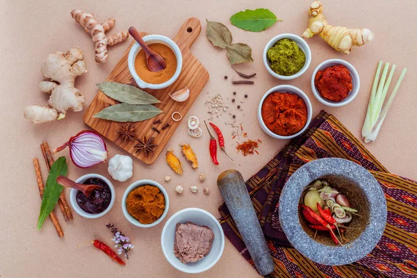Sortiment Thailändsk Mat Matlagning Ingredienser Krydda Smak Hälsosam Och Läcker — Stockfoto