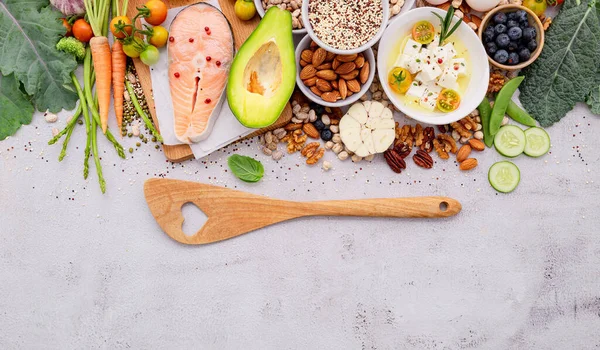 stock image Ketogenic low carbs diet concept. Ingredients for healthy foods selection set up on white concrete background.