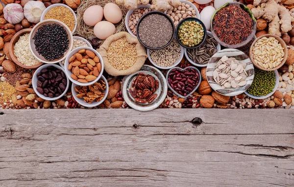 Ingredientes Para Selección Alimentos Saludables Tazón Cerámica Concepto Superalimentos Establecidos — Foto de Stock