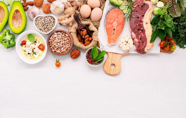Ketogenic Niskowęglowodanowej Koncepcji Diety Składniki Wyboru Zdrowej Żywności Białym Drewnianym Zdjęcie Stockowe