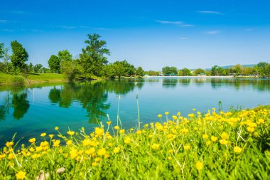 Hırvatistan 'ın Zagreb kentinde bahar günü, popüler turizm beldesi Jarun Gölü