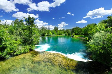 Hırvatistan 'ın Belavici köyündeki güzel yeşil Mreznica nehri, doğal manzara
