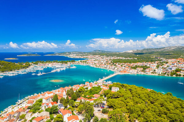 Aerial view of Adriatic town of Rogoznica, Dalmatia, Croatia, popular tourist destination