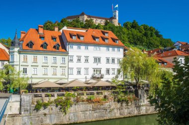 Slovenya 'nın Ljubljana kentindeki eski bina ve Ljubljana şatosuyla Ljubljanica nehrinin manzarası