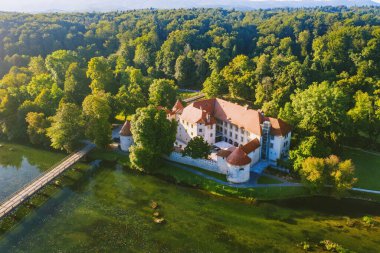Slovenya 'daki Krka Nehri üzerindeki Otocec Kalesi' nin insansız hava görüntüsü ve ahşap köprü