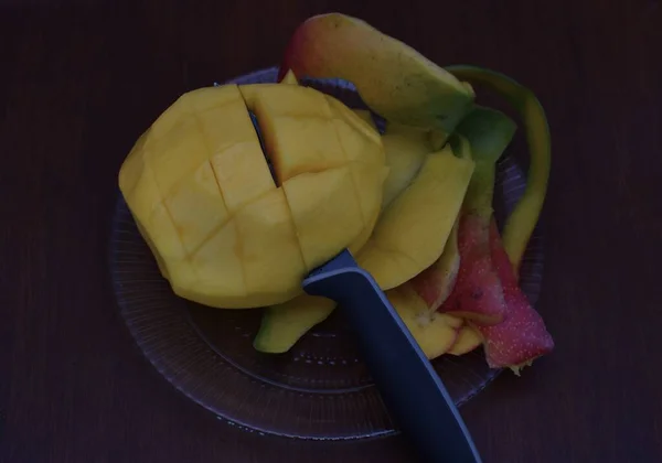 Peeled Mango Peel Knife Glass Plate — Stock Photo, Image