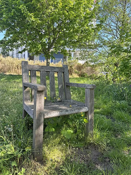 Drewniany Niemalowany Fotel Stoi Zewnątrz Trawie — Zdjęcie stockowe