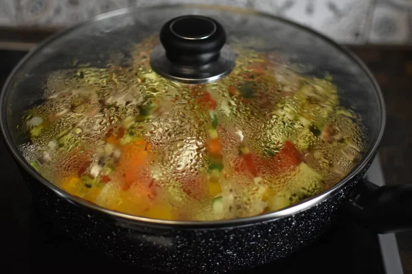 Stew Vegetables Frying Pan Glass Lid — Stock Photo, Image