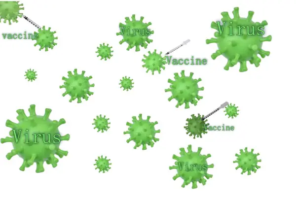 白い背景にウイルスと注射器 碑文ワクチン ウイルスの形状 ストック写真