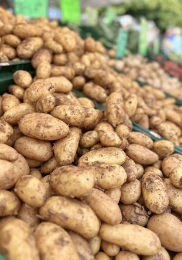 Almanya 'da yerel bir markette yeşil sandıkların içinde taze patates.