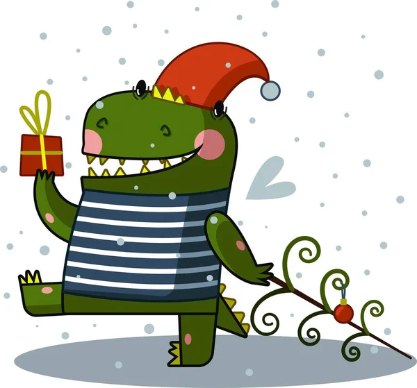 Dragon Drăguț Verde Poartă Cadou Crăciun Fericit — Vector de stoc