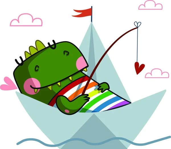 Cute Green Dragon Swims Boat — Stock Vector