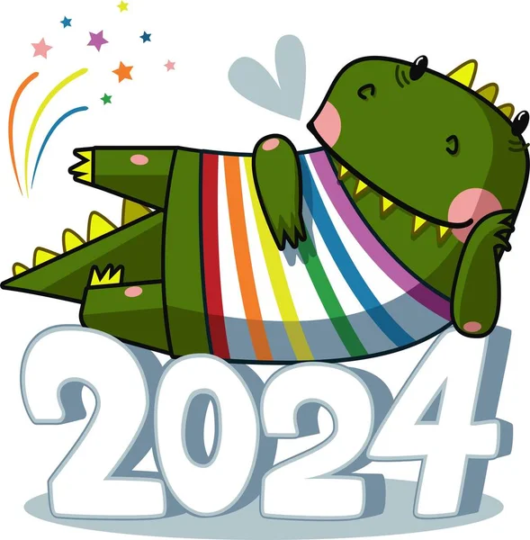 Cute Green Dragon Lies Snowy Numbers 2024 — стоковый вектор