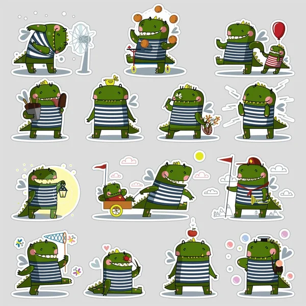 Large Set Cheerful Green Dragons Family Summer — Vector de stoc