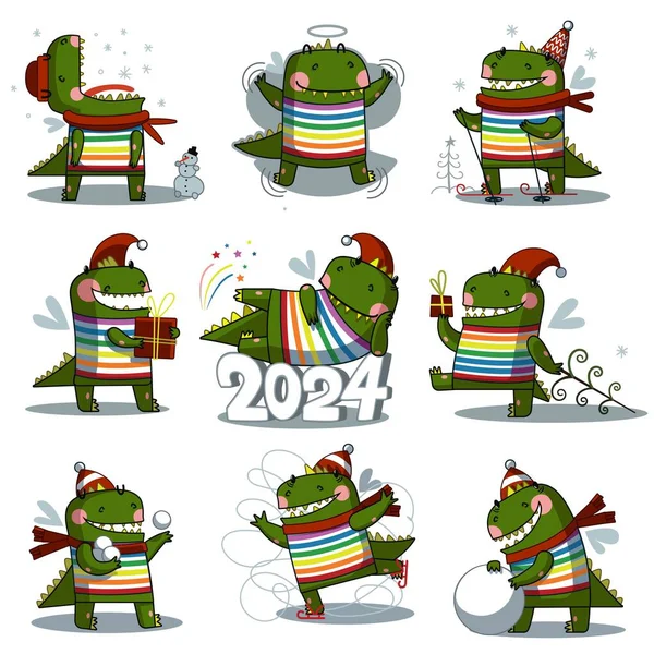 Большой Зимний Набор Милых Зеленых Драконов 2024 Год — стоковый вектор