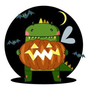 Şirin yeşil ejderha elinde balkabağı tutuyor.