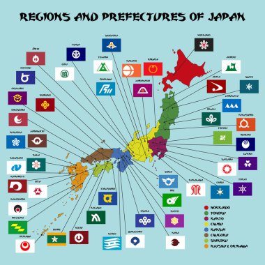 Japonya haritası ve ışık arkaplan üzerindeki bölge ve illerin bilgileri