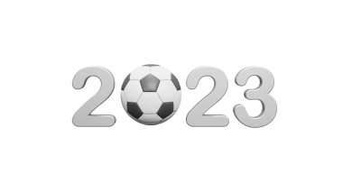 2023 Yeni Yıl 3D yorumlama 2023 3d gri metin ve beyaz arka planda futbol topu