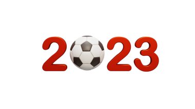 2023 Yeni Yıl 3D yorumlama 2023 kırmızı 3d metin beyaz arka planda futbol topu, PNG şeffaf