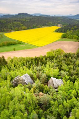 Big rocks fallen in a forest with table mountains and fields in background, in a national park called Saxon Switzerland, Germany