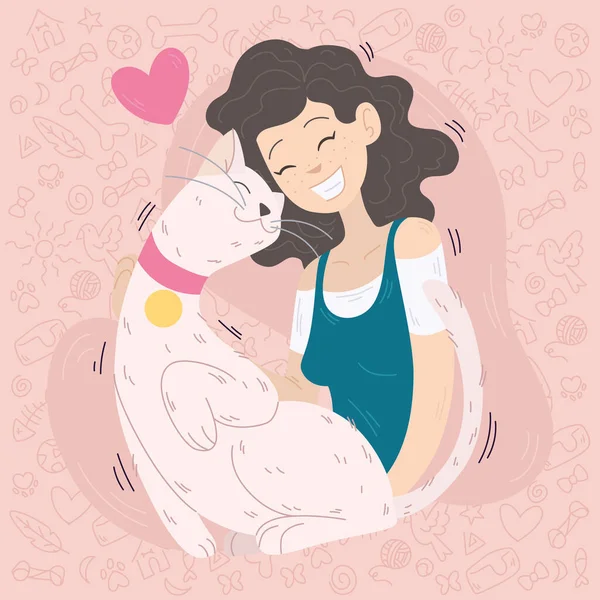Ευτυχισμένο Κορίτσι Αγκαλιάζει Χαριτωμένο Εικόνα Διάνυσμα Γάτα Της — Διανυσματικό Αρχείο