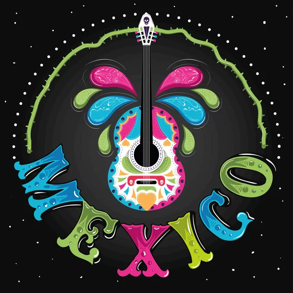 Cartel Viva México Con Guitarra Coloreada Vector Illustration — Archivo Imágenes Vectoriales