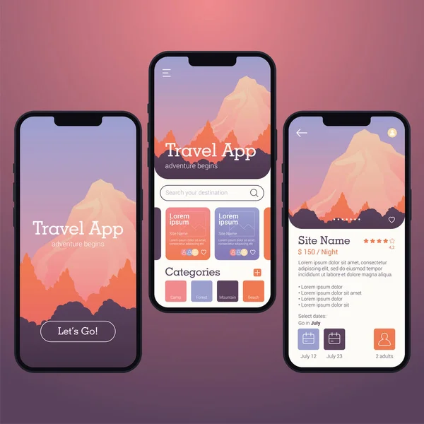 Farbige Reise Mobile App Attrappe Vorlage Vector Illustration — Stockvektor