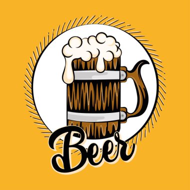 Köpük poster illüstrasyonlu klasik bira ahşap bardak.