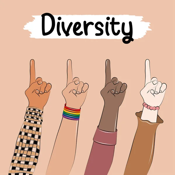 Verschillende Armen Met Handen Omhoog Diversiteit Concept Vector Illustratie — Stockvector
