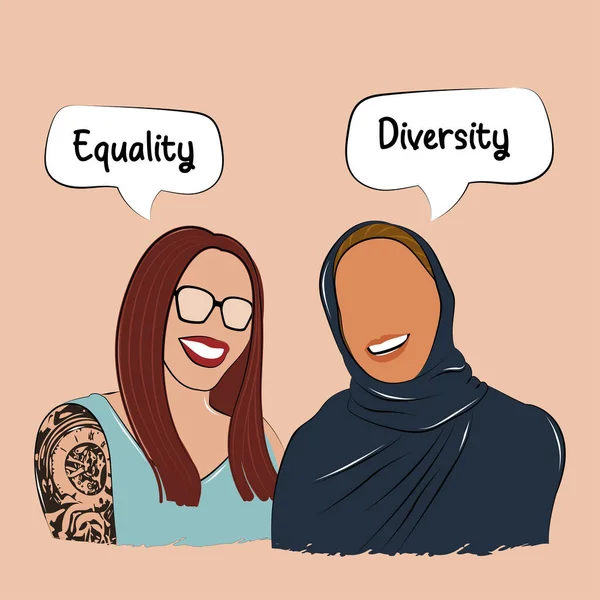 異なる宗教を持つ幸せな女性のペア多様性の概念ベクトルイラスト — ストックベクタ