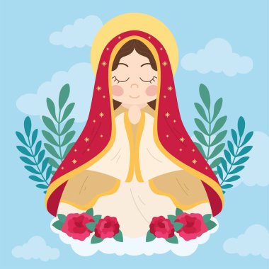 Çiçek süsleri ve vektör illüstrasyonuyla izole edilmiş şirin bakire Meryem karakteri.